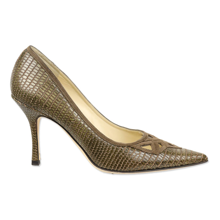 Jimmy Choo Olive Lizard Skin Suede Cutout Kitten Pumps