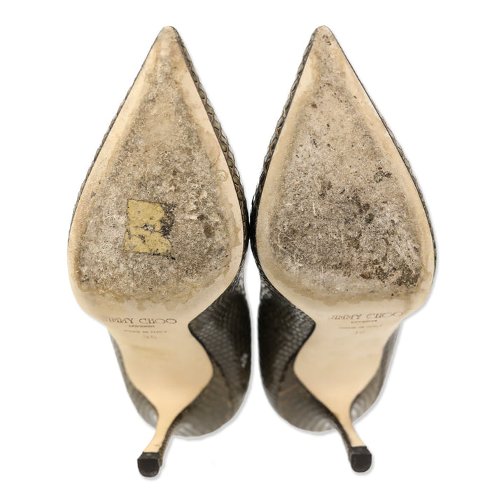 Jimmy Choo Olive Lizard Skin Suede Cutout Kitten Pumps