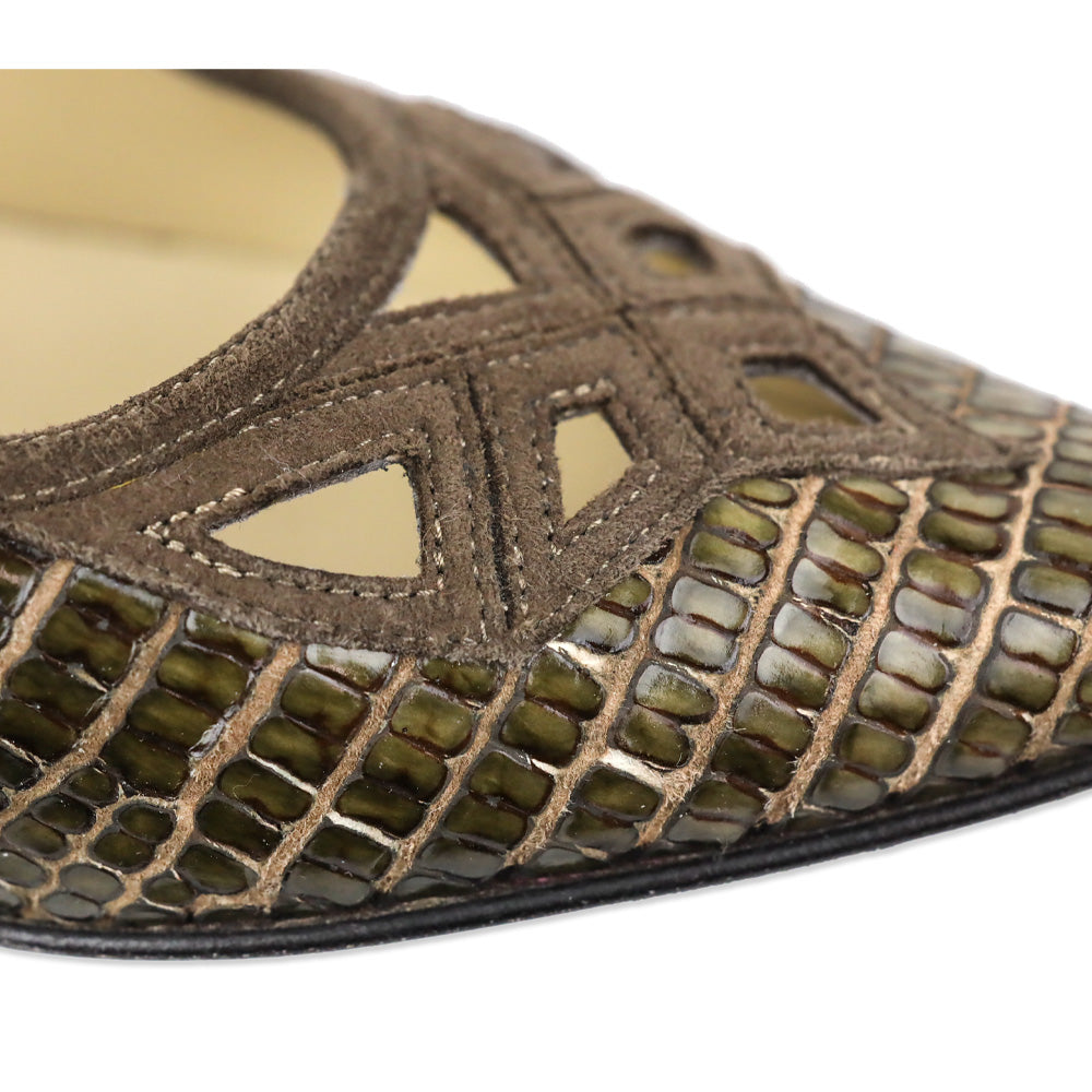 Jimmy Choo Olive Lizard Skin Suede Cutout Kitten Pumps