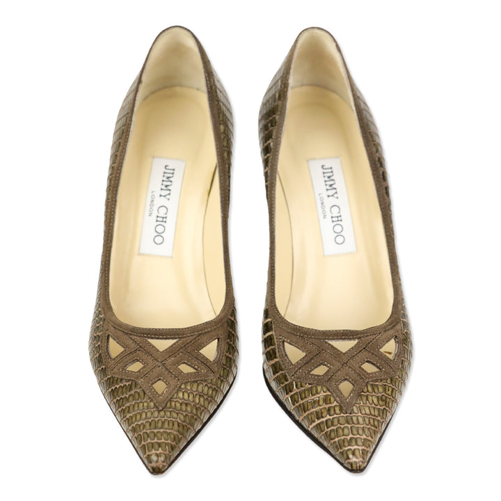 Jimmy Choo Olive Lizard Skin Suede Cutout Kitten Pumps