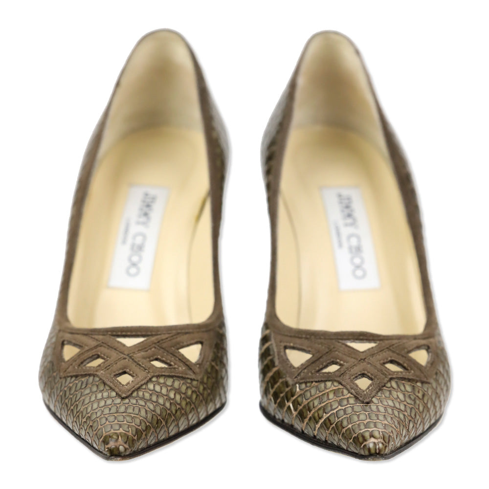 Jimmy Choo Olive Lizard Skin Suede Cutout Kitten Pumps