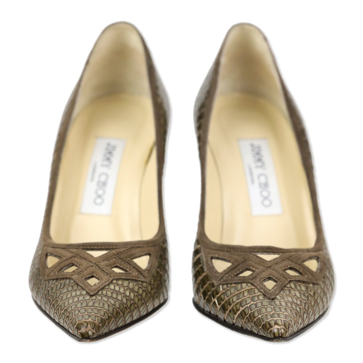 Jimmy Choo Olive Lizard Skin Suede Cutout Kitten Pumps