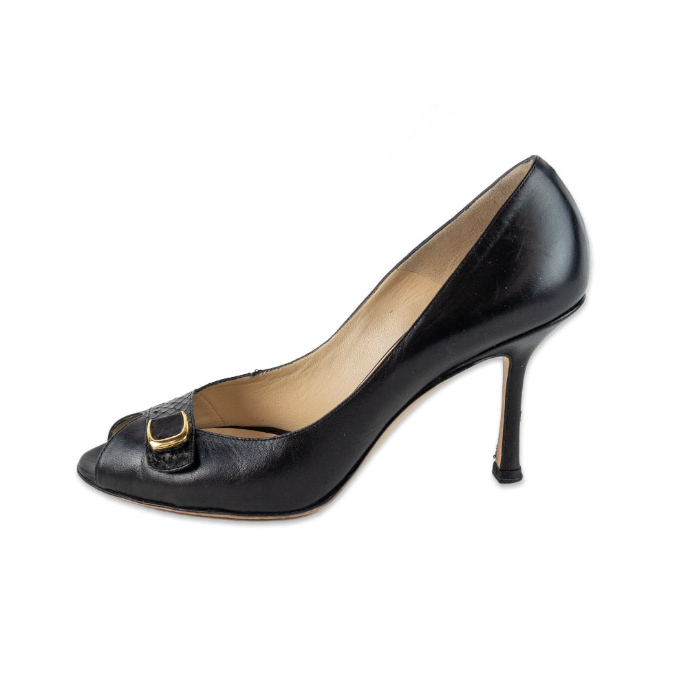 Jimmy Choo Peep Toe Black Leather Buckle Pumps