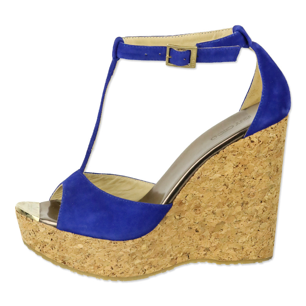 Jimmy Choo Pela Royal Blue Suede Ankle Strap Cork Wedge Sandal