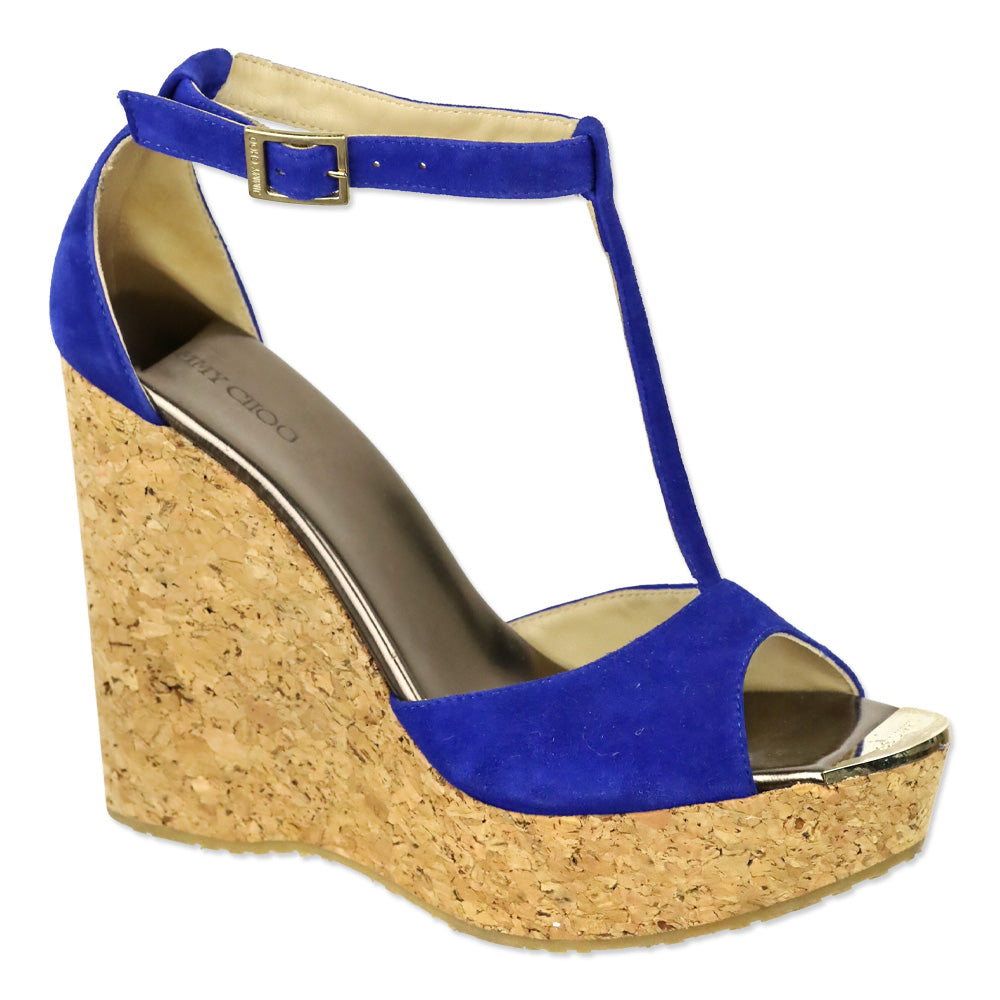 Jimmy Choo Pela Royal Blue Suede Ankle Strap Cork Wedge Sandal
