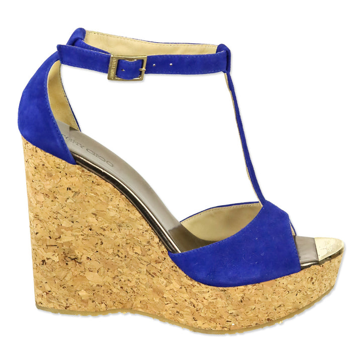 Jimmy Choo Pela Royal Blue Suede Ankle Strap Cork Wedge Sandal