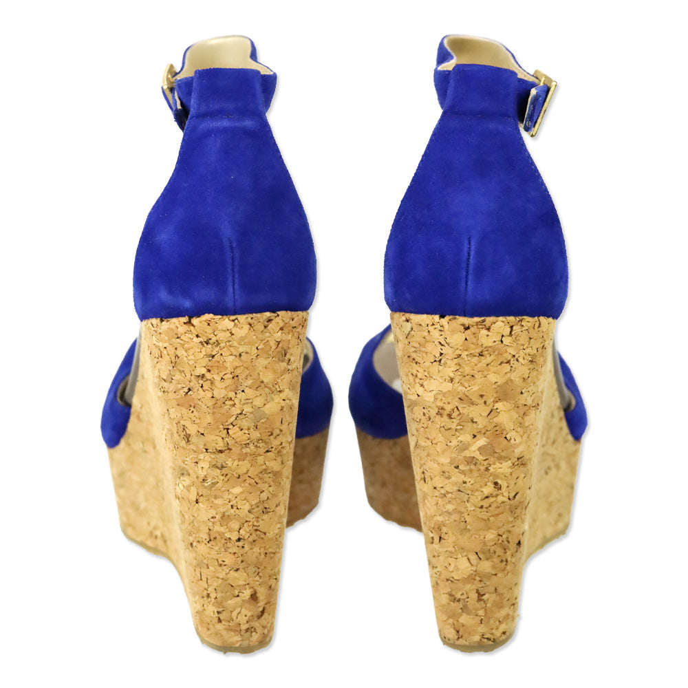 Jimmy Choo Pela Royal Blue Suede Ankle Strap Cork Wedge Sandal