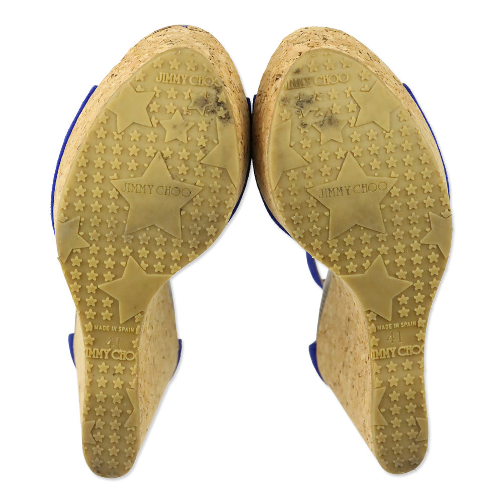 Jimmy Choo Pela Royal Blue Suede Ankle Strap Cork Wedge Sandal