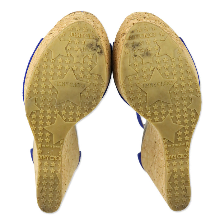 Jimmy Choo Pela Royal Blue Suede Ankle Strap Cork Wedge Sandal
