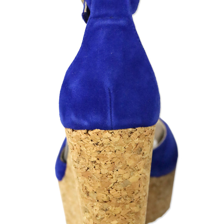 Jimmy Choo Pela Royal Blue Suede Ankle Strap Cork Wedge Sandal