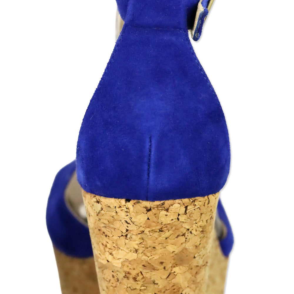 Jimmy Choo Pela Royal Blue Suede Ankle Strap Cork Wedge Sandal
