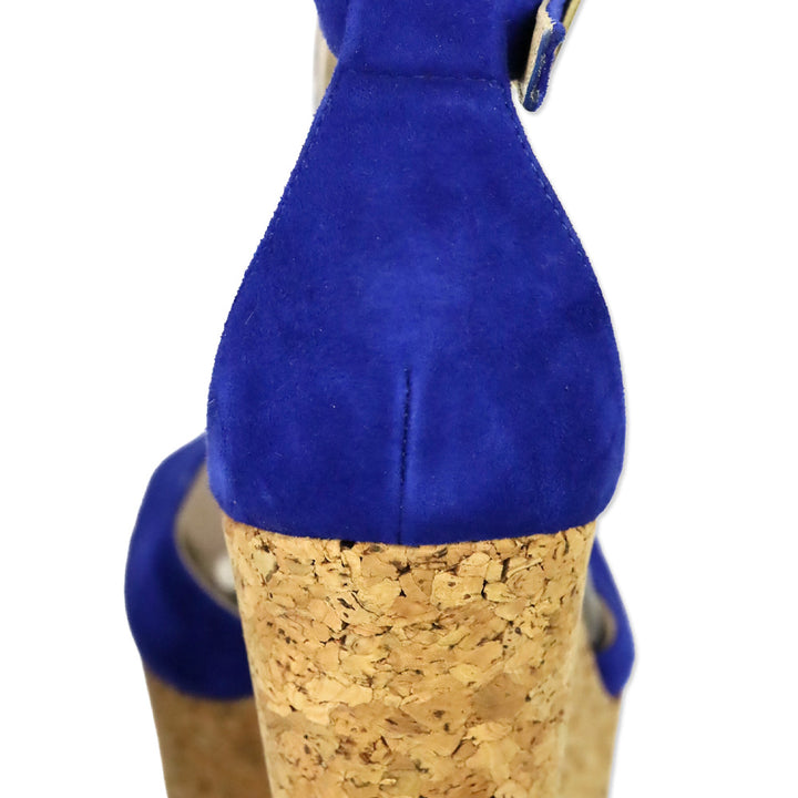 Jimmy Choo Pela Royal Blue Suede Ankle Strap Cork Wedge Sandal