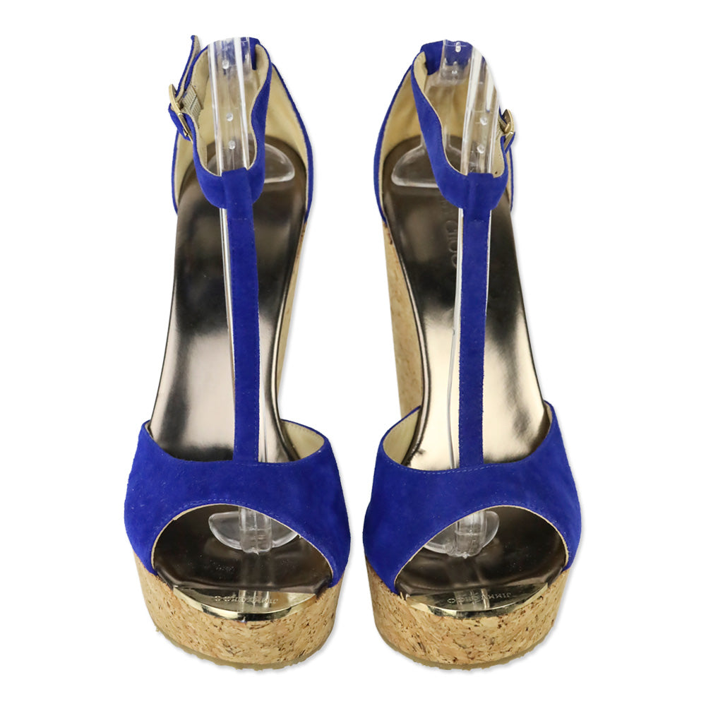 Jimmy Choo Pela Royal Blue Suede Ankle Strap Cork Wedge Sandal
