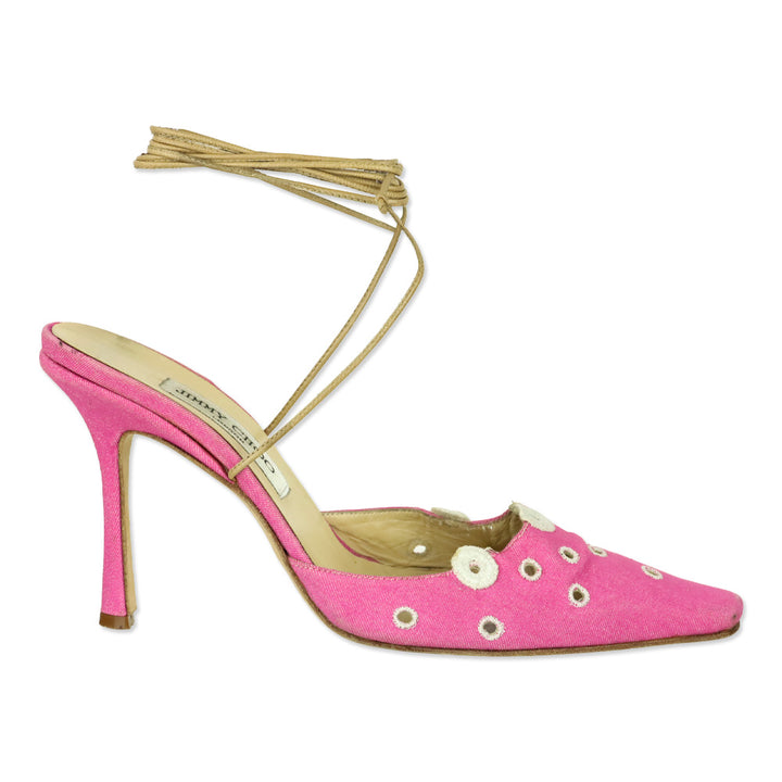 Jimmy Choo Pink Denim Eyelet Ankle-Wrap Pump