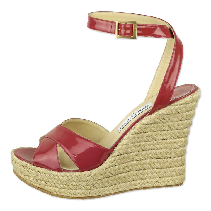 Jimmy Choo Pink Patent Leather Espadrille Platform Wedge Sandals