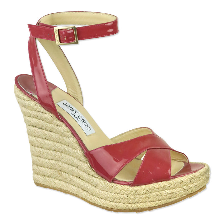 Jimmy Choo Pink Patent Leather Espadrille Platform Wedge Sandals