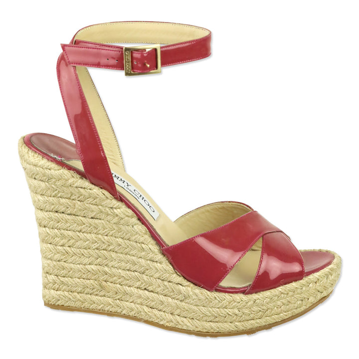 Jimmy Choo Pink Patent Leather Espadrille Platform Wedge Sandals