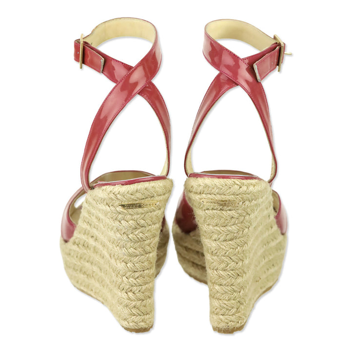 Jimmy Choo Pink Patent Leather Espadrille Platform Wedge Sandals