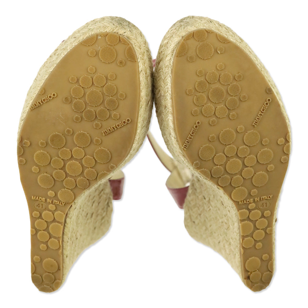 Jimmy Choo Pink Patent Leather Espadrille Platform Wedge Sandals