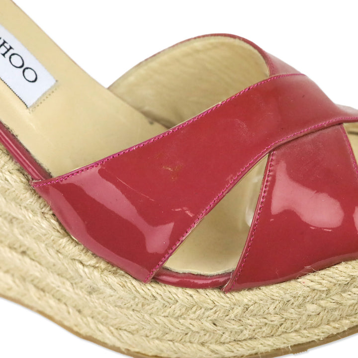 Jimmy Choo Pink Patent Leather Espadrille Platform Wedge Sandals