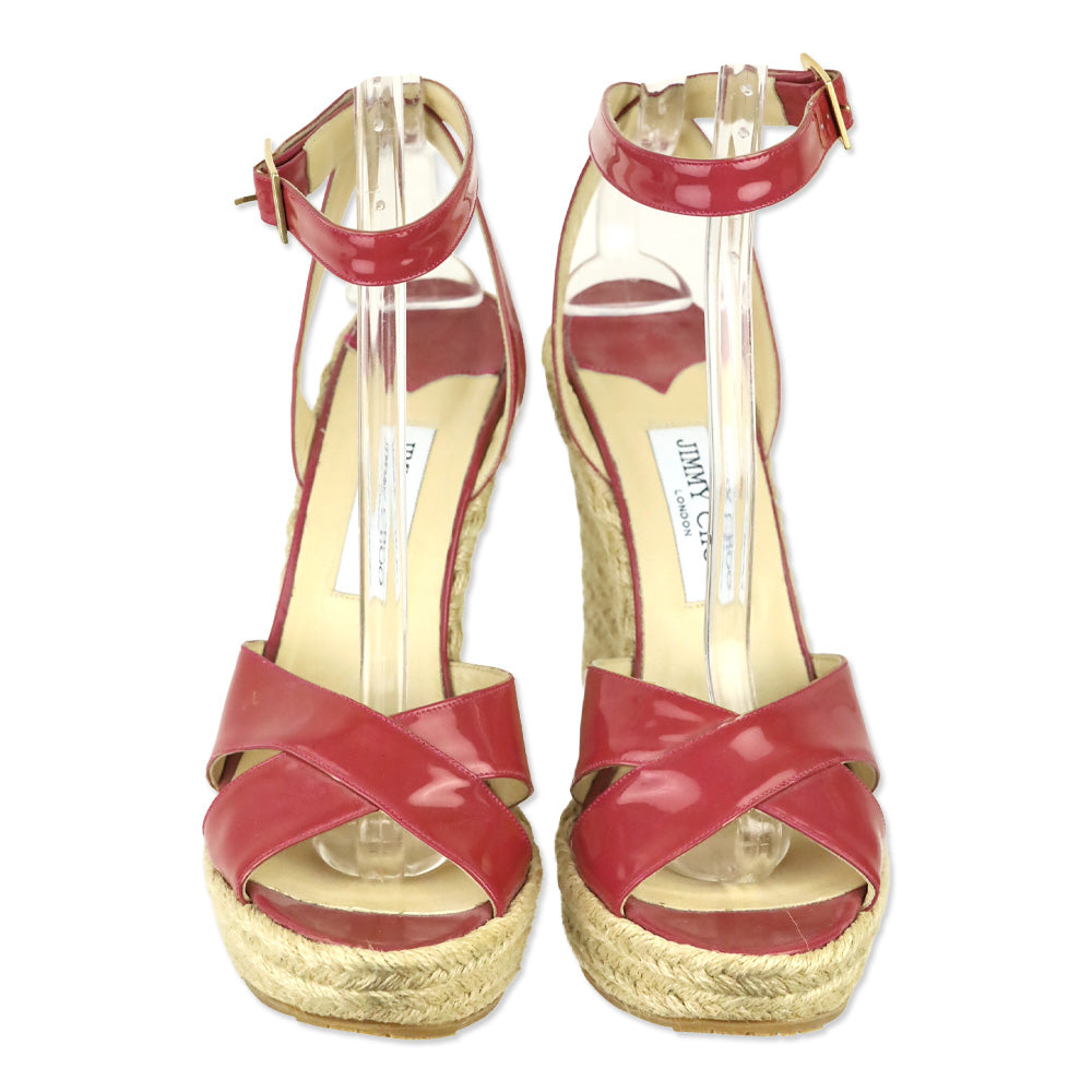 Jimmy Choo Pink Patent Leather Espadrille Platform Wedge Sandals
