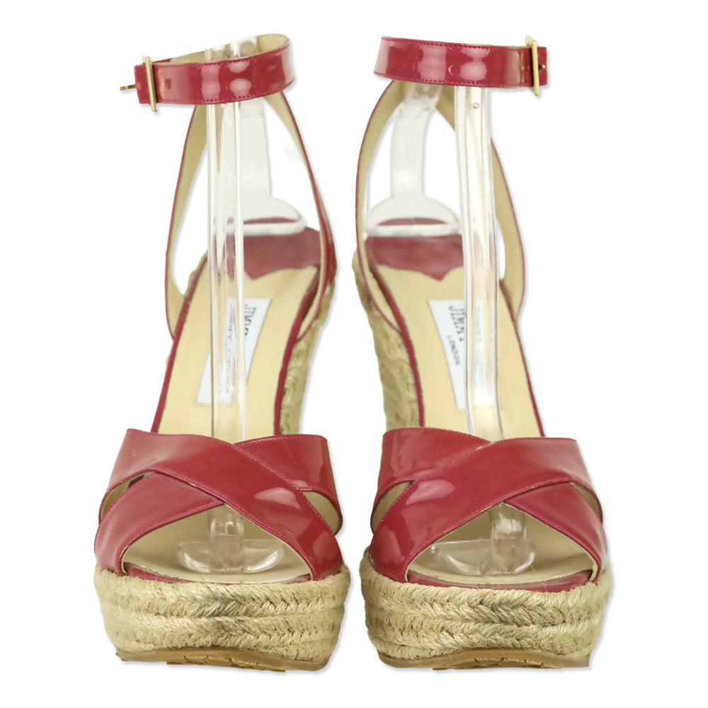 Jimmy Choo Pink Patent Leather Espadrille Platform Wedge Sandals