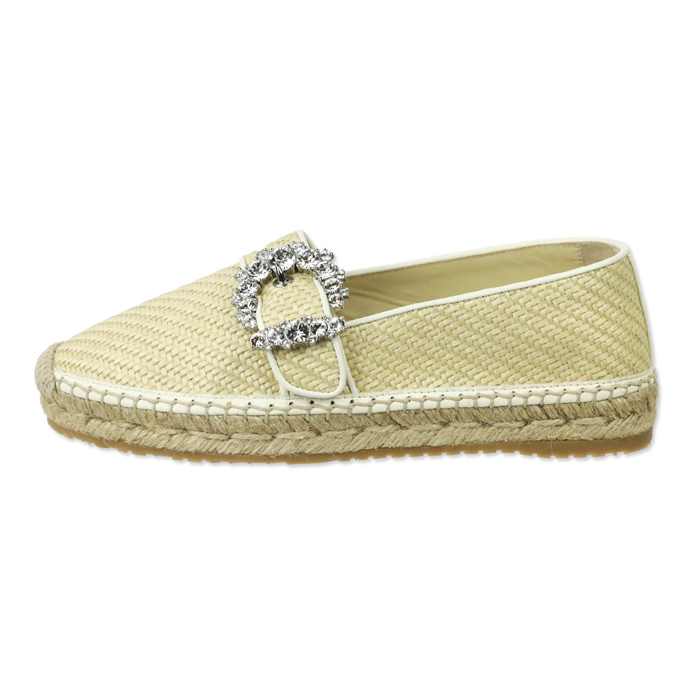 Jimmy Choo Raffia/White Leather Crystal Buckle Lichi Flat
