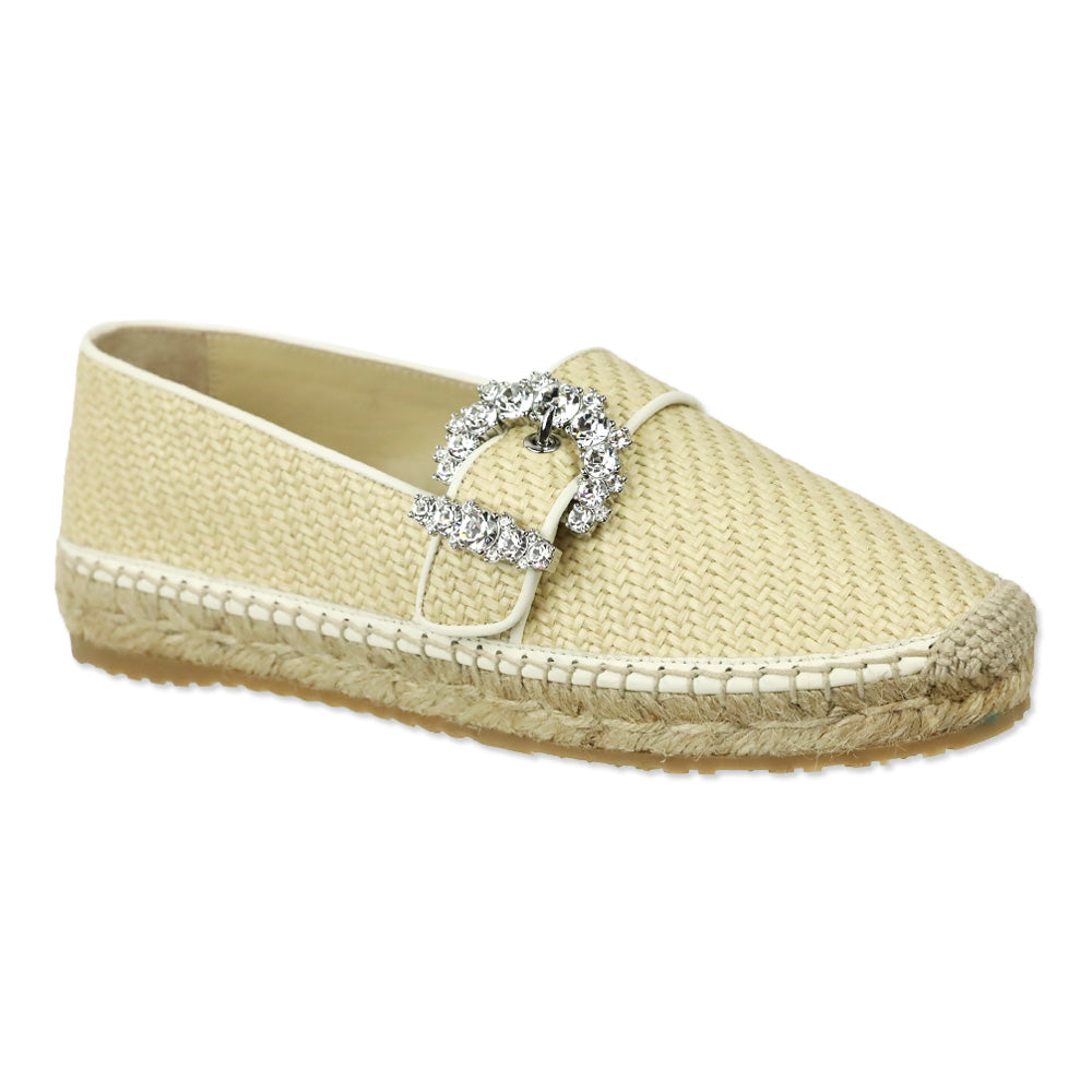 Jimmy Choo Raffia/White Leather Crystal Buckle Lichi Flat Espadrille Flats