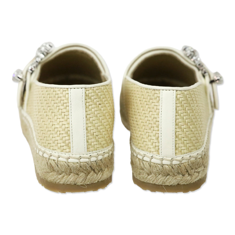 Jimmy Choo Raffia/White Leather Crystal Buckle Lichi Flat Espadrille Flats