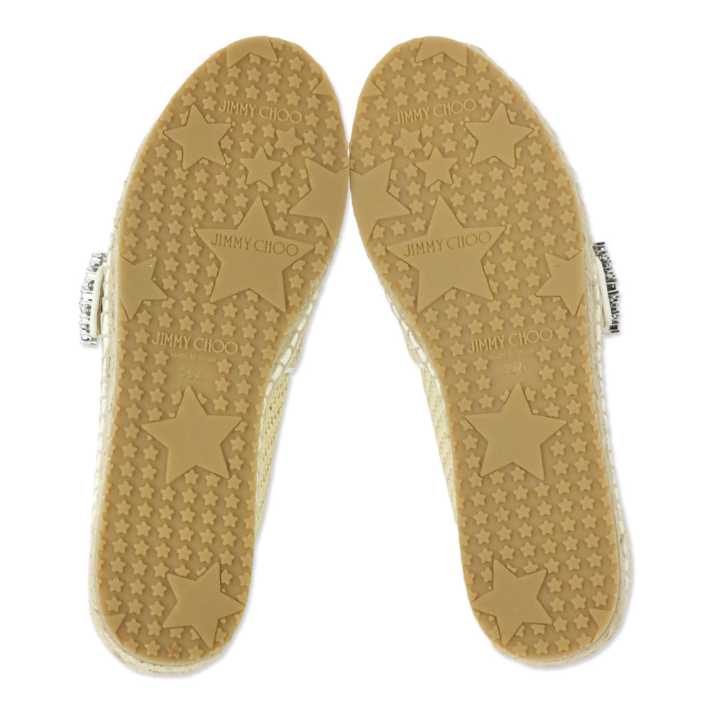 Jimmy Choo Raffia/White Leather Crystal Buckle Lichi Flat Espadrille Flats