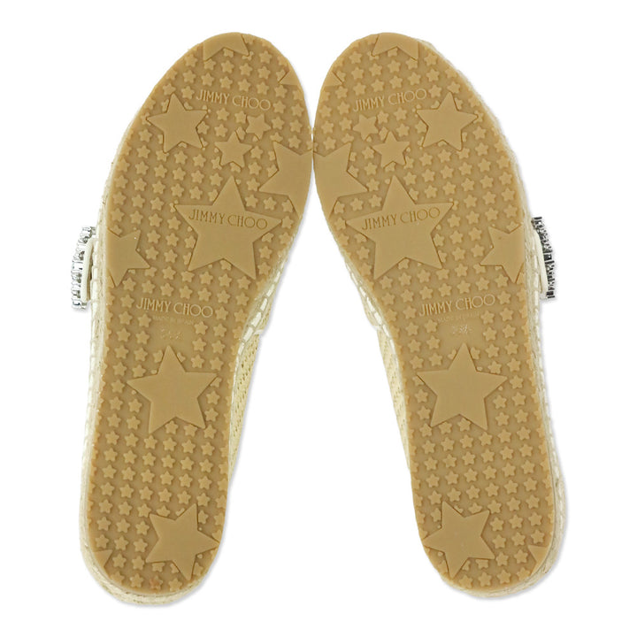 Jimmy Choo Raffia/White Leather Crystal Buckle Lichi Flat Espadrille Flats