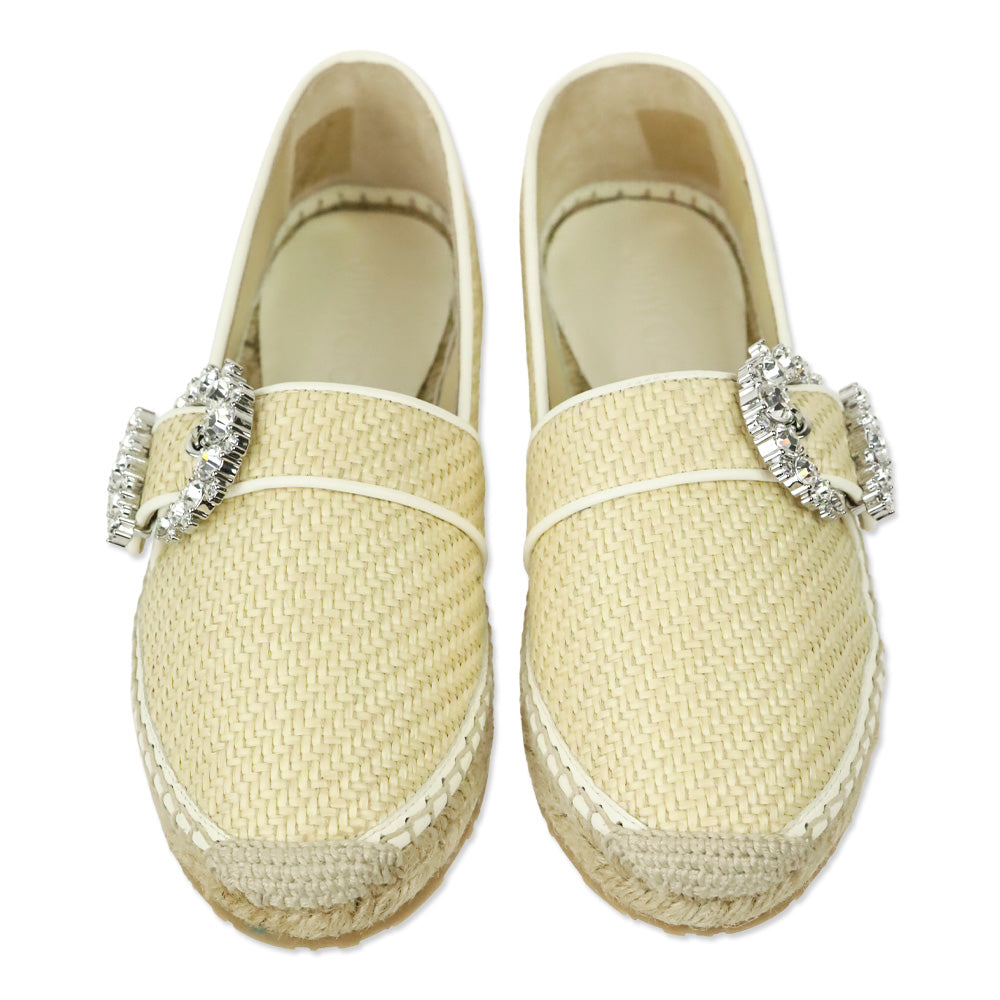 Jimmy Choo Raffia/White Leather Crystal Buckle Lichi Flat Espadrille Flats