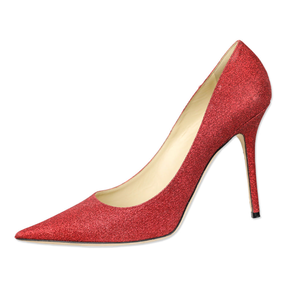 Jimmy Choo Red Glitter Pointed Toe Pump