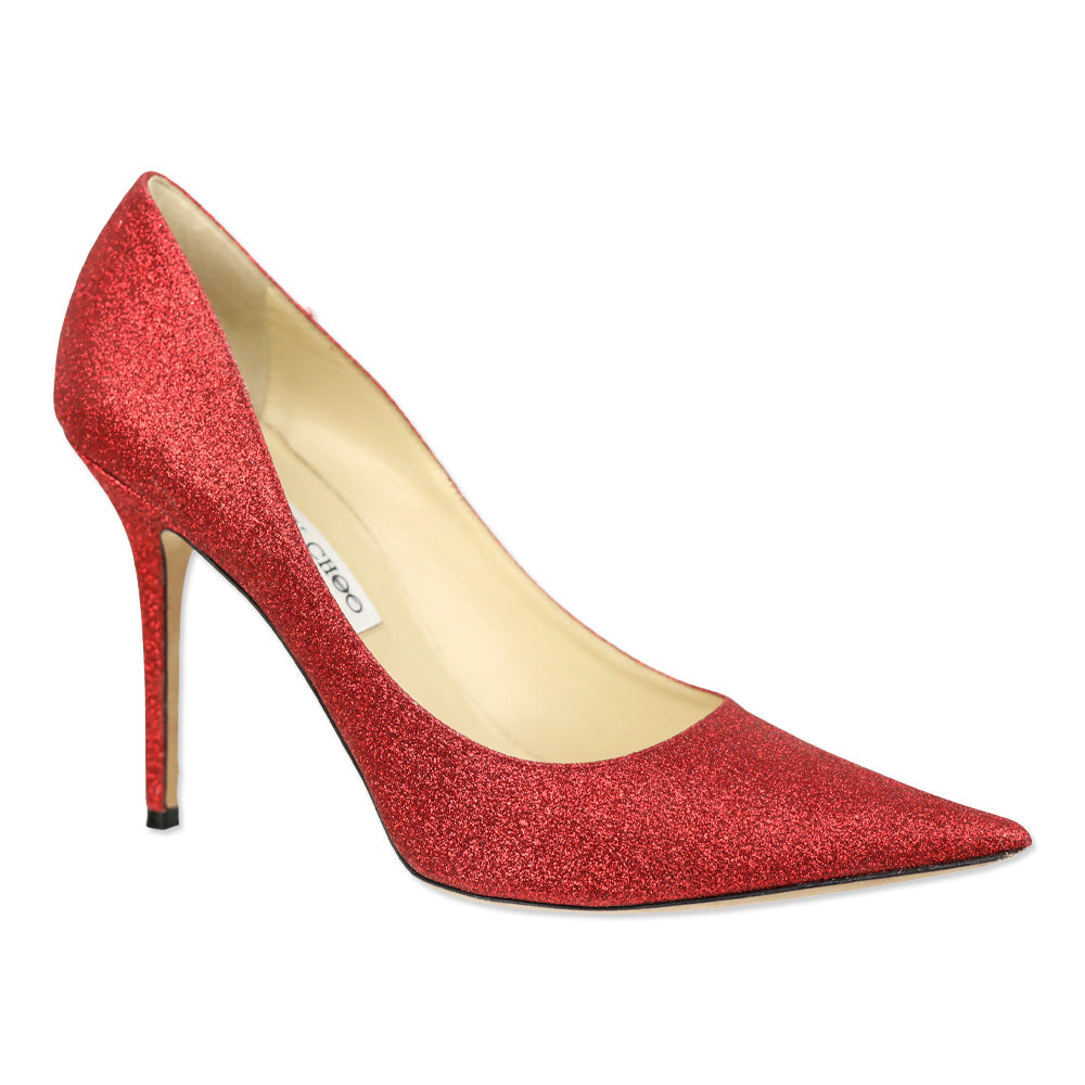 Jimmy Choo Red Glitter Pointed Toe Pump