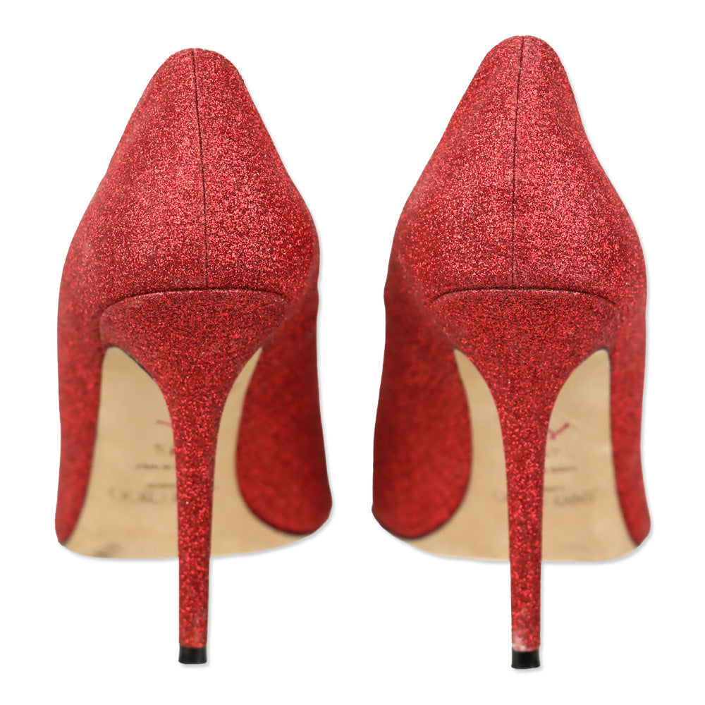 Jimmy Choo Red Glitter Pointed Toe Pump