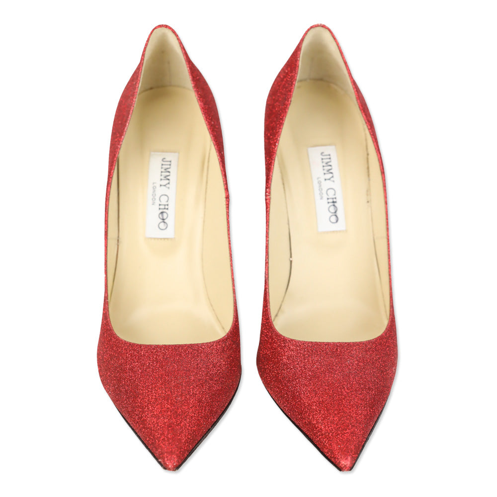 Jimmy Choo Red Glitter Pointed Toe Pump