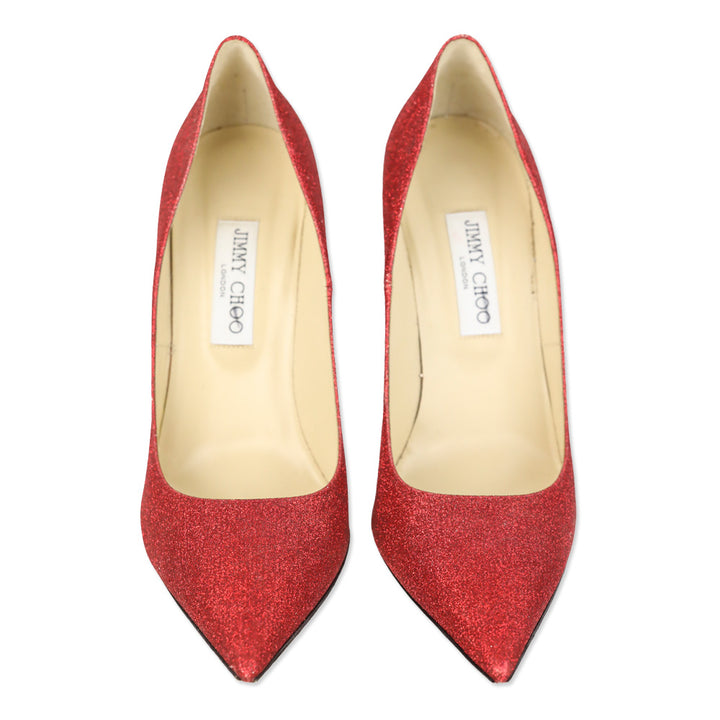Jimmy Choo Red Glitter Pointed Toe Pump