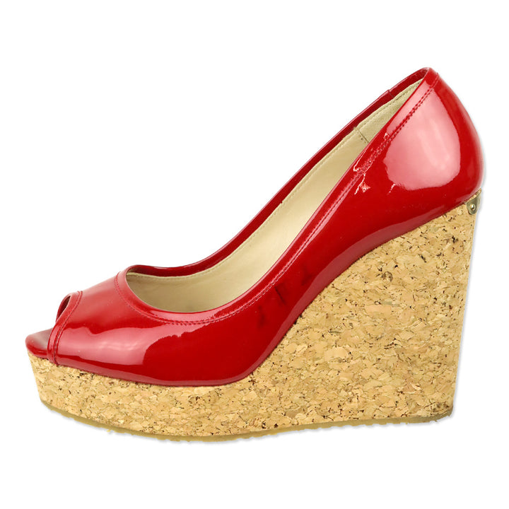Jimmy Choo Red Patent Leather Peep Toe Cork Wedge Platform Pumps