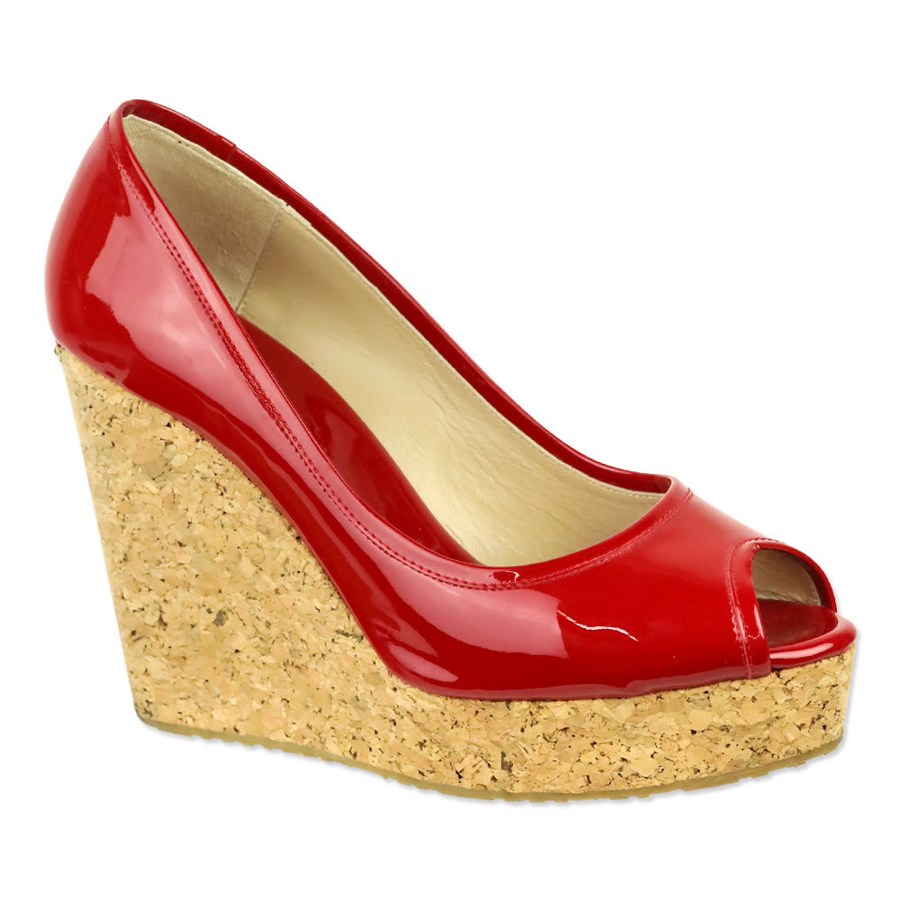 Jimmy Choo Red Patent Leather Peep Toe Cork Wedge Platform Pumps