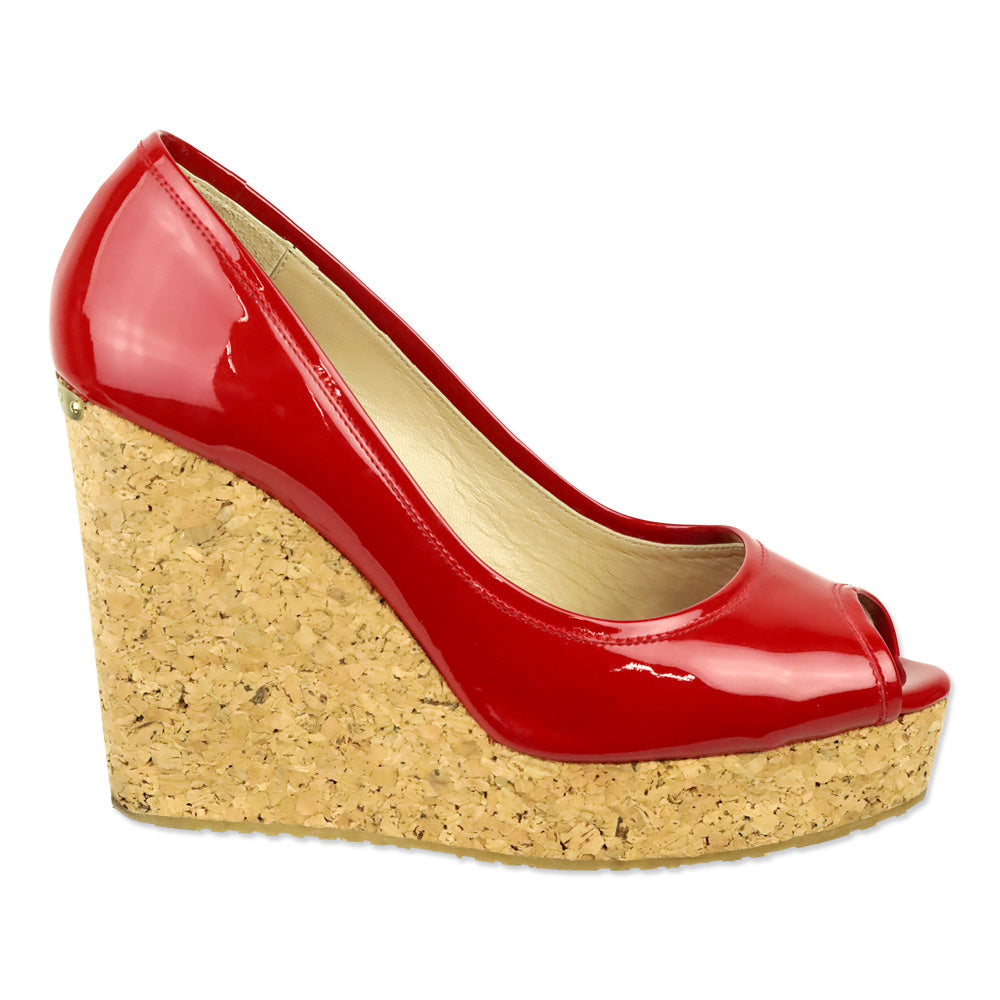 Jimmy Choo Red Patent Leather Peep Toe Cork Wedge Platform Pumps