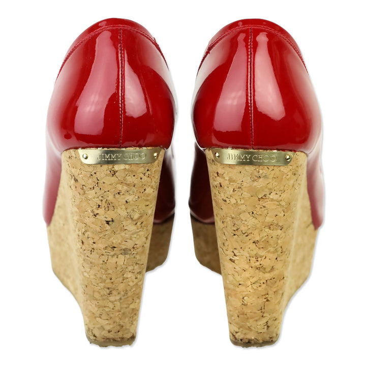 Jimmy Choo Red Patent Leather Peep Toe Cork Wedge Platform Pumps