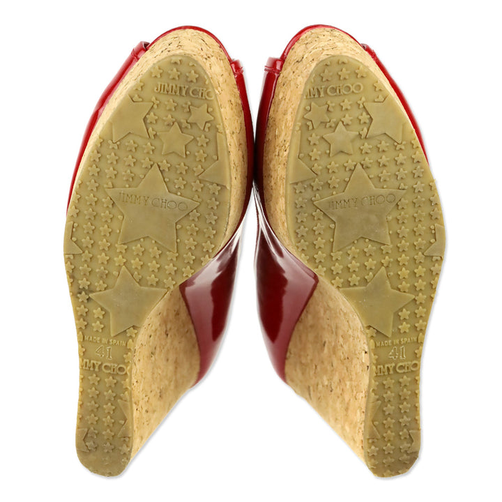 Jimmy Choo Red Patent Leather Peep Toe Cork Wedge Platform Pumps