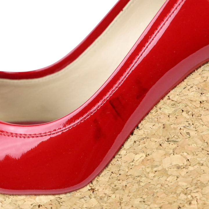 Jimmy Choo Red Patent Leather Peep Toe Cork Wedge Platform Pumps