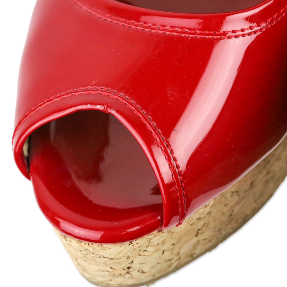 Jimmy Choo Red Patent Leather Peep Toe Cork Wedge Platform Pumps