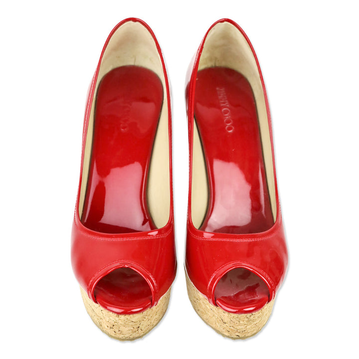 Jimmy Choo Red Patent Leather Peep Toe Cork Wedge Platform Pumps