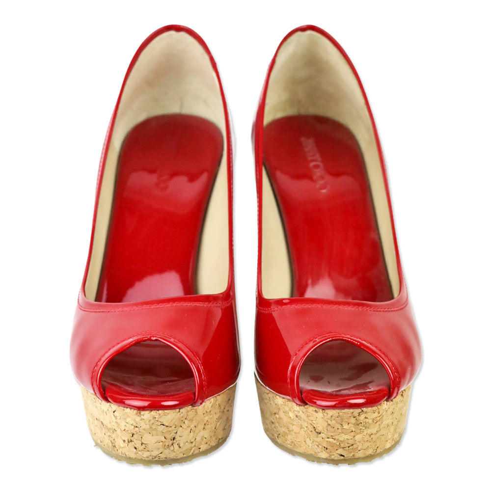 Jimmy Choo Red Patent Leather Peep Toe Cork Wedge Platform Pumps