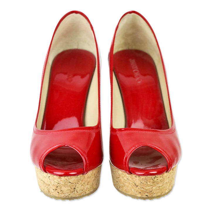 Jimmy Choo Red Patent Leather Peep Toe Cork Wedge Platform Pumps