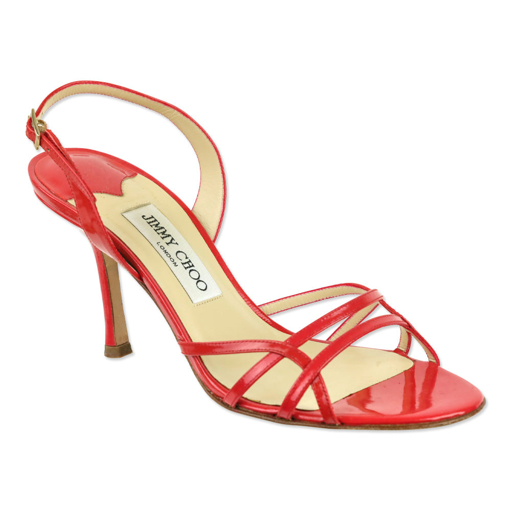 Jimmy Choo Red Raspberry Patent Leather Slim Crisscross Strappy Heels