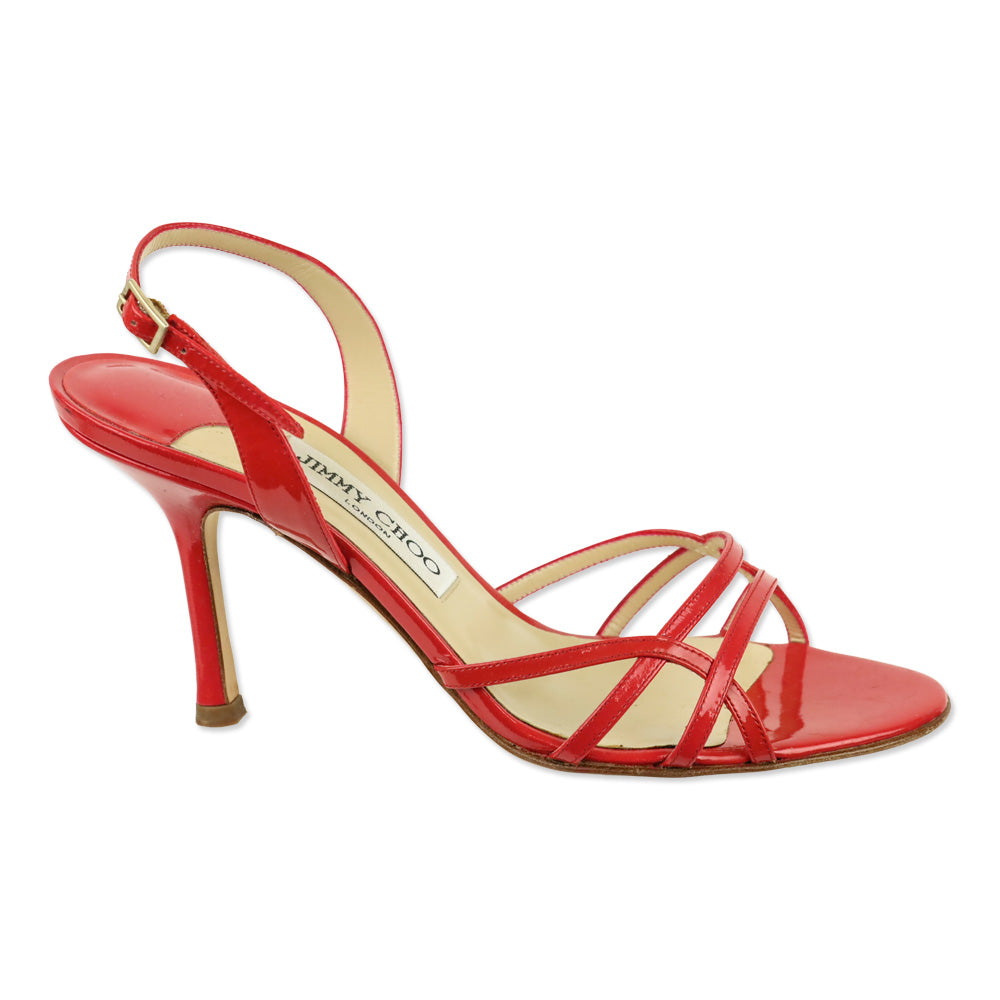Jimmy Choo Red Raspberry Patent Leather Slim Crisscross Strappy Heels