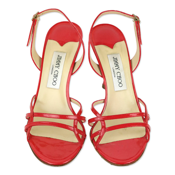 Jimmy Choo Red Raspberry Patent Leather Slim Crisscross Strappy Heels